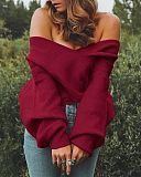 Spring Autumn Women Long-sleeved V-neck Front-crossed Solid Casual Loose Knitted Pullover Sweater RS-M2017