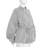 Pure Color Long Sleeve Sweatshirt Top Loose Casual Shorts Set DZHT-317