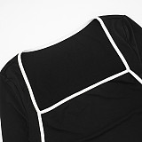 Square Neck Contrast Stitch Long Sleeve Top Tight High Waist Long Pants Suit DZHT-294