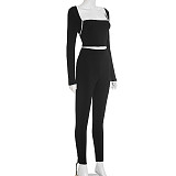 Square Neck Contrast Stitch Long Sleeve Top Tight High Waist Long Pants Suit DZHT-294