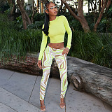 New Versatile Solid Color Long Sleeve Top with Wavy Printed Pants Two-Piece Set