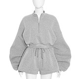 Pure Color Long Sleeve Sweatshirt Top Loose Casual Shorts Set DZHT-317