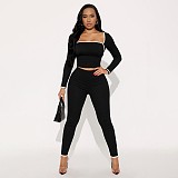 Square Neck Contrast Stitch Long Sleeve Top Tight High Waist Long Pants Suit DZHT-294