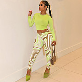 New Versatile Solid Color Long Sleeve Top with Wavy Printed Pants Two-Piece Set