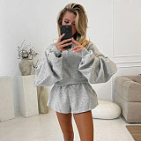 Pure Color Long Sleeve Sweatshirt Top Loose Casual Shorts Set DZHT-317