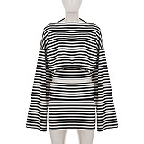 Striped Bat Sleeve Waist-Cinching Long Sleeve T-Shirt with High-Waisted Skirt Set MRA-43977