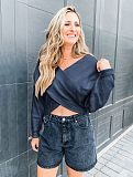 Spring Autumn Women Long-sleeved V-neck Front-crossed Solid Casual Loose Knitted Pullover Sweater RS-M2017