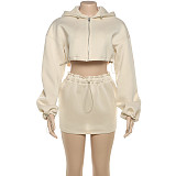 Fashionable Hooded Long-sleeved Solid Color Simple Hip-wrapped Hot Girl Skirt Suit DLS-79267
