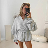 Pure Color Long Sleeve Sweatshirt Top Loose Casual Shorts Set DZHT-317