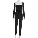 Square Neck Contrast Stitch Long Sleeve Top Tight High Waist Long Pants Suit DZHT-294