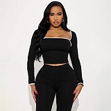 Square Neck Contrast Stitch Long Sleeve Top Tight High Waist Long Pants Suit DZHT-294