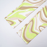 New Versatile Solid Color Long Sleeve Top with Wavy Printed Pants Two-Piece Set