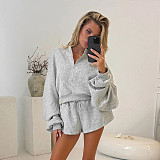 Pure Color Long Sleeve Sweatshirt Top Loose Casual Shorts Set DZHT-317