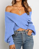 Spring Autumn Women Long-sleeved V-neck Front-crossed Solid Casual Loose Knitted Pullover Sweater RS-M2017