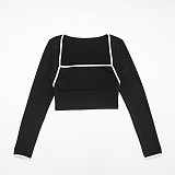 Square Neck Contrast Stitch Long Sleeve Top Tight High Waist Long Pants Suit DZHT-294