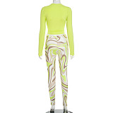 New Versatile Solid Color Long Sleeve Top with Wavy Printed Pants Two-Piece Set