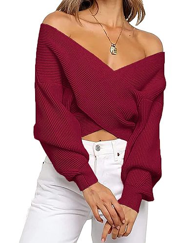 Spring Autumn Women Long-sleeved V-neck Front-crossed Solid Casual Loose Knitted Pullover Sweater RS-M2017