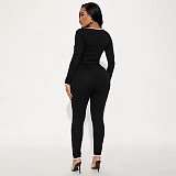 Square Neck Contrast Stitch Long Sleeve Top Tight High Waist Long Pants Suit DZHT-294