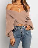 Spring Autumn Women Long-sleeved V-neck Front-crossed Solid Casual Loose Knitted Pullover Sweater RS-M2017