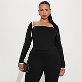 Square Neck Contrast Stitch Long Sleeve Top Tight High Waist Long Pants Suit DZHT-294
