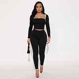 Square Neck Contrast Stitch Long Sleeve Top Tight High Waist Long Pants Suit DZHT-294