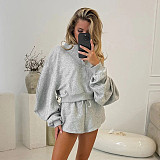 Pure Color Long Sleeve Sweatshirt Top Loose Casual Shorts Set DZHT-317