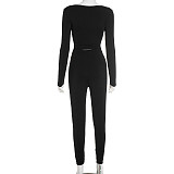 Square Neck Contrast Stitch Long Sleeve Top Tight High Waist Long Pants Suit DZHT-294