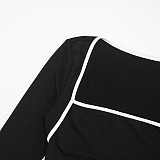Square Neck Contrast Stitch Long Sleeve Top Tight High Waist Long Pants Suit DZHT-294