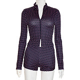 Dot-print Long-sleeved Zipper Zlim-fit Cardigan Shorts Two-piece Set DZHT-411