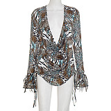 Leopard-print Printed Boat Neck Long Sleeve Backless Top with Drawstring Shorts Two-piece Set DZHT-415