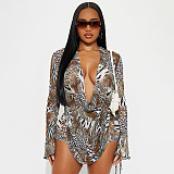 Leopard-print Printed Boat Neck Long Sleeve Backless Top with Drawstring Shorts Two-piece Set DZHT-415