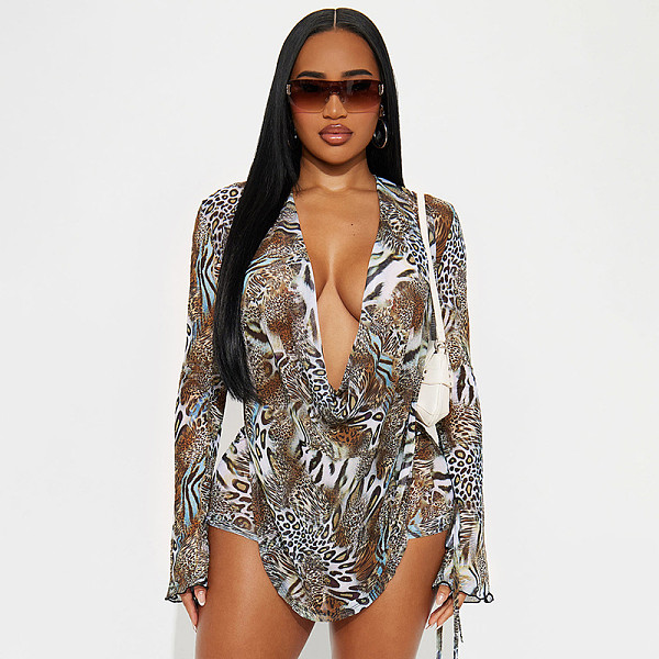Leopard-print Printed Boat Neck Long Sleeve Backless Top with Drawstring Shorts Two-piece Set DZHT-415