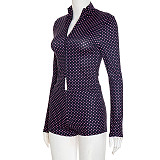 Dot-print Long-sleeved Zipper Zlim-fit Cardigan Shorts Two-piece Set DZHT-411