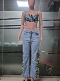 Street Fashion Floral Hhigh-elasticity Pants Washed Denim XINH-80625