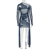 Sexy Slightly Transparent Mesh One-shoulder Oblique Neck Long-sleeved Hip Dress JY-302605