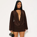 Sexy Button-Down Necklace Collar Top Slim-Fit Hip-Hugging Short Skirt Suit DZHT-391