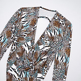 Leopard-print Printed Boat Neck Long Sleeve Backless Top with Drawstring Shorts Two-piece Set DZHT-415