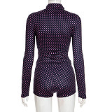 Dot-print Long-sleeved Zipper Zlim-fit Cardigan Shorts Two-piece Set DZHT-411