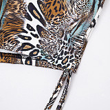 Leopard-print Printed Boat Neck Long Sleeve Backless Top with Drawstring Shorts Two-piece Set DZHT-415