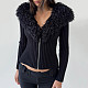 V-neck Faux Fur Collar Slimming Knit Top in Solid Color
