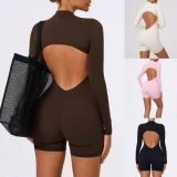 New Long Sleeve Tight Running Abdominal Peach Fitness Bodysuit Shorts MRA-43642