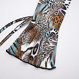 Leopard-print Printed Boat Neck Long Sleeve Backless Top with Drawstring Shorts Two-piece Set DZHT-415