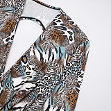 Leopard-print Printed Boat Neck Long Sleeve Backless Top with Drawstring Shorts Two-piece Set DZHT-415