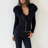 V-neck Faux Fur Collar Slimming Knit Top in Solid Color