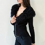V-neck Faux Fur Collar Slimming Knit Top in Solid Color