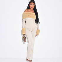 New Style Fur Collar Trim Boat Neck Slim Fit Top with Flared Pants Two-Piece Suit DZHT-322