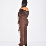 New Style Fur Collar Trim Boat Neck Slim Fit Top with Flared Pants Two-Piece Suit DZHT-322