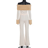 New Style Fur Collar Trim Boat Neck Slim Fit Top with Flared Pants Two-Piece Suit DZHT-322