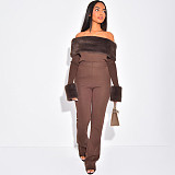 New Style Fur Collar Trim Boat Neck Slim Fit Top with Flared Pants Two-Piece Suit DZHT-322