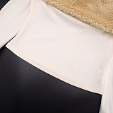 New Style Fur Collar Trim Boat Neck Slim Fit Top with Flared Pants Two-Piece Suit DZHT-322